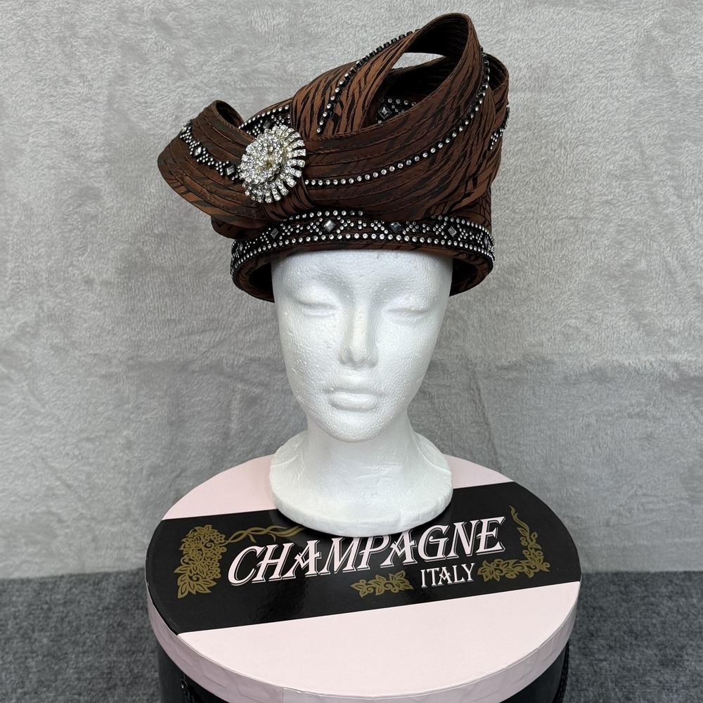 Champagne Italy Hat Fascinator Womens Brown Taffeta Rhinestone Derby Church